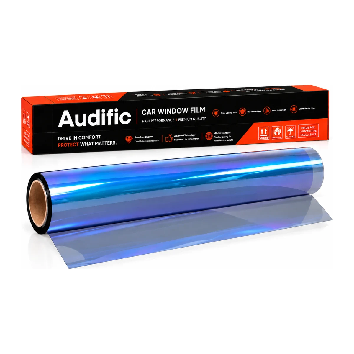 Audific blue chameleon window tint film roll and box