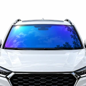 Blue colour-shifting chameleon window tint installed on a white SUV windshield