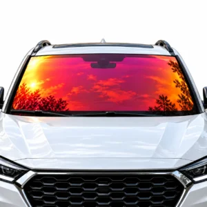 Sunset red to gold colour-shifting chameleon window tint installed on a white SUV windshield