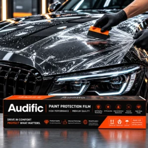 Installer applying Audific glossy paint protection film to a car hood