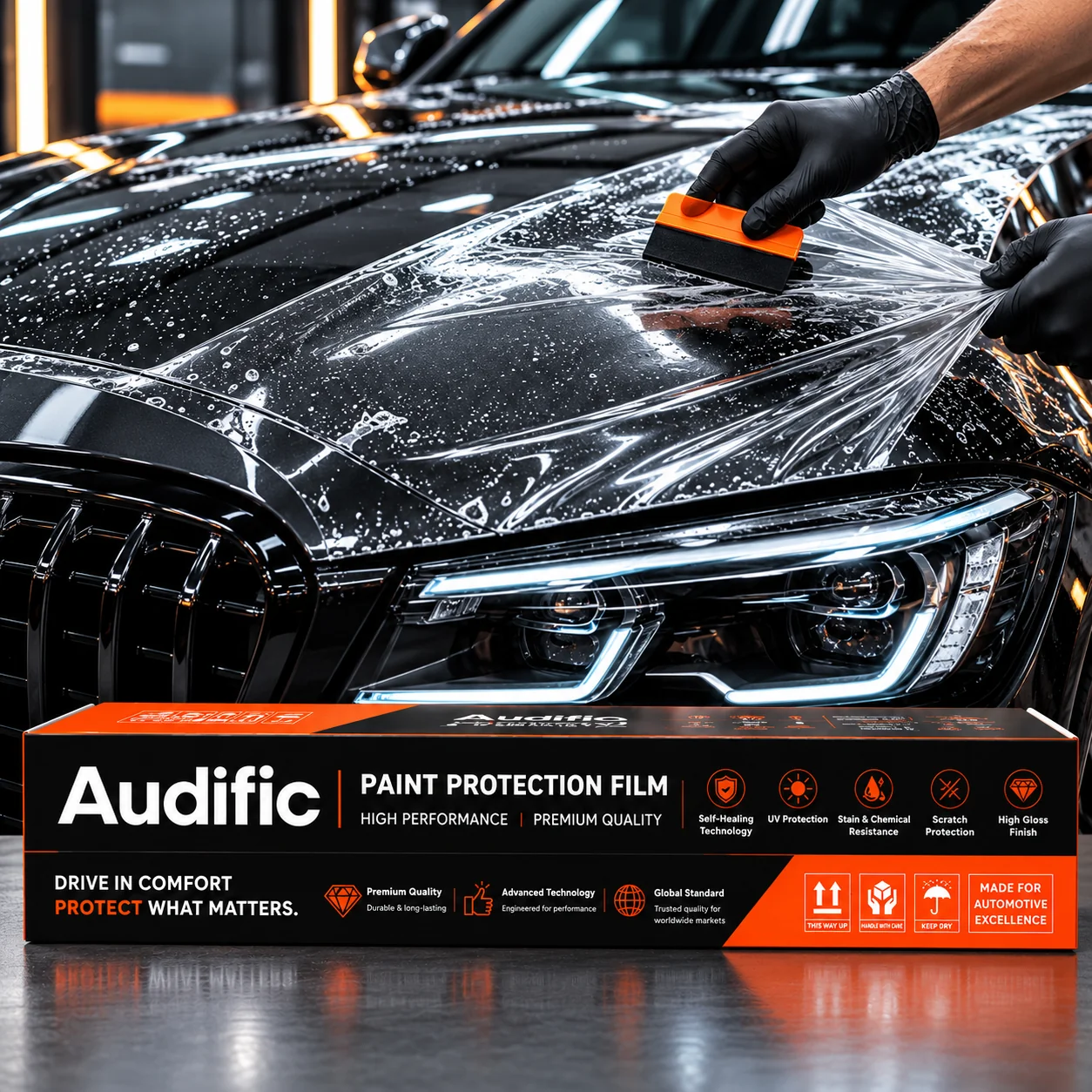 Installer applying Audific glossy paint protection film to a car hood