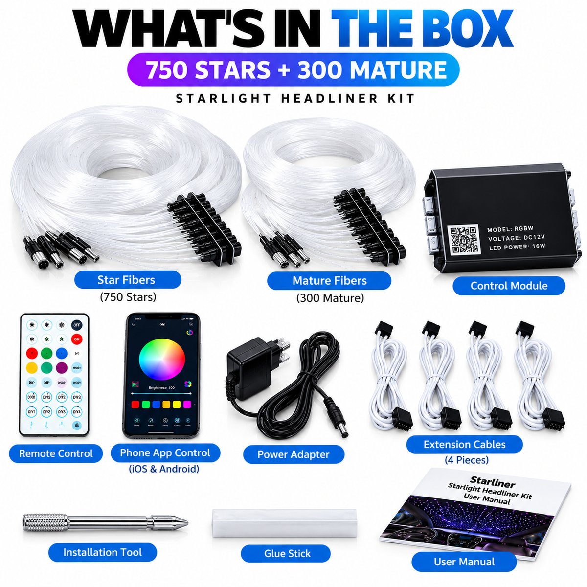 What's in the box: Starliner 750 stars + 300 meteor headliner kit with star fibres, meteor fibres, control module and remote