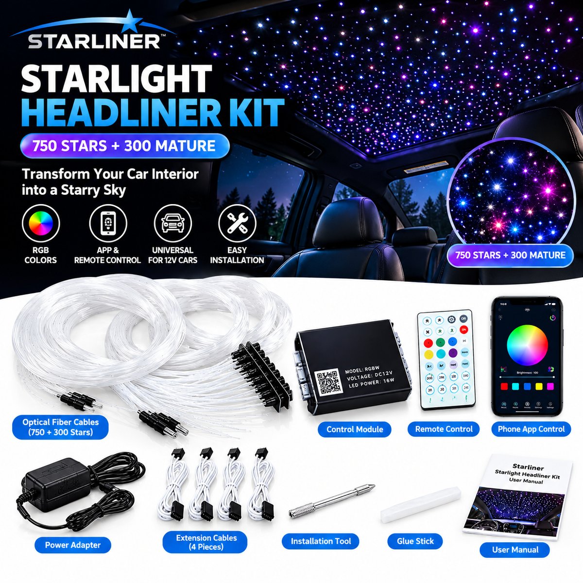 Starliner starlight headliner kit, 750 stars plus 300 meteor fibres, glowing car roof