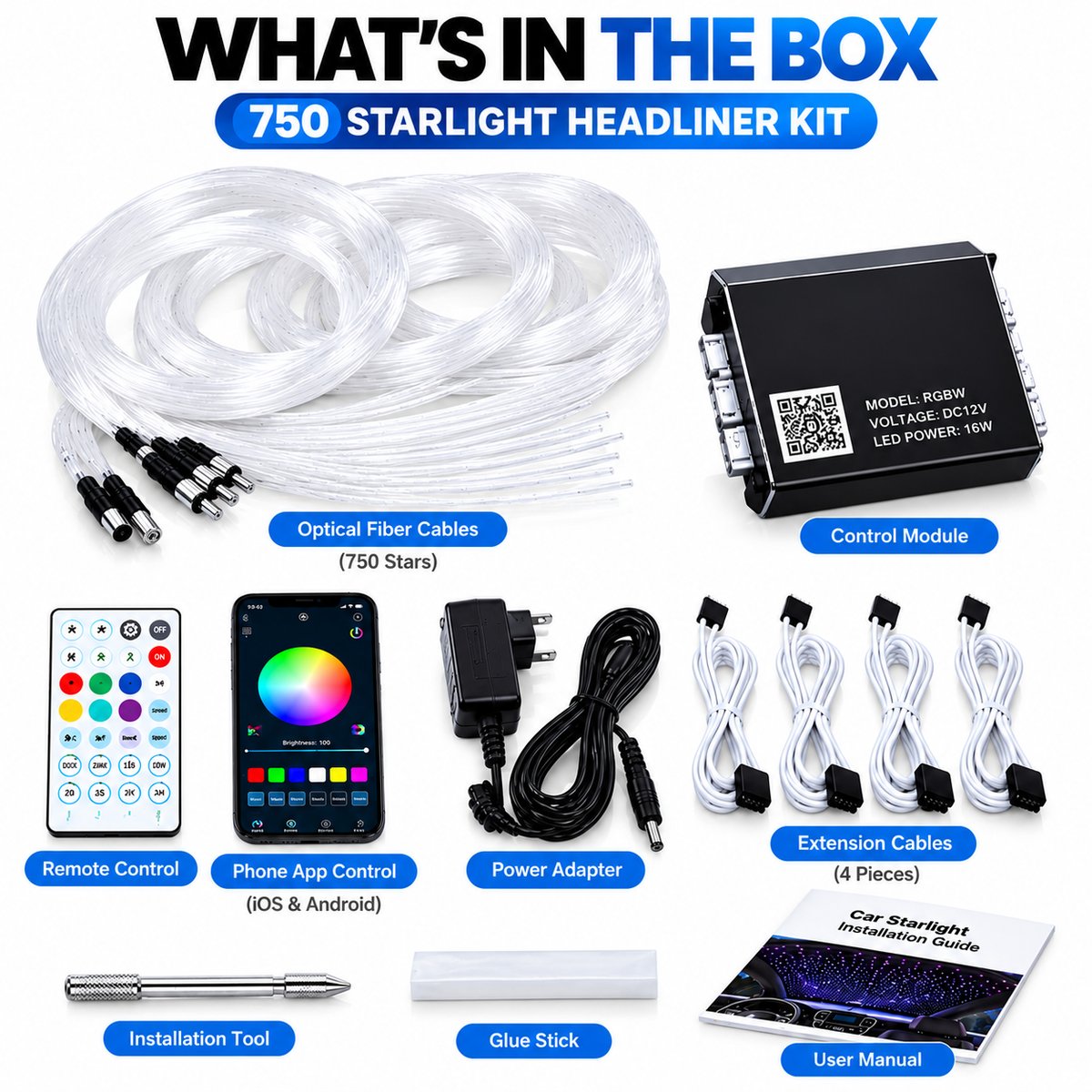 What's in the box: 750-star starlight headliner kit with fibre cables, control module, remote, power adapter and install tools