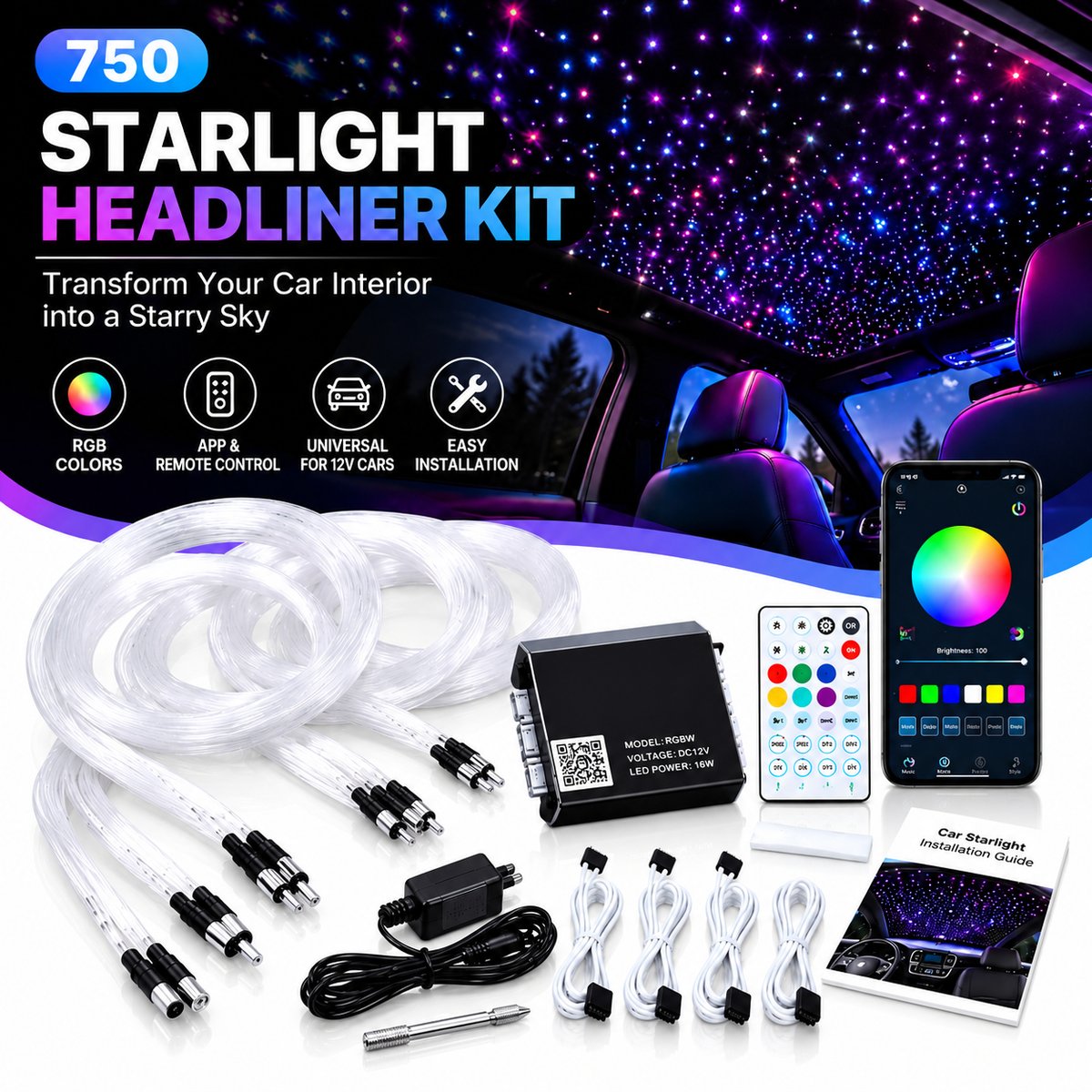 Starlight headliner kit with 750 fibre-optic stars, controller, remote and app control